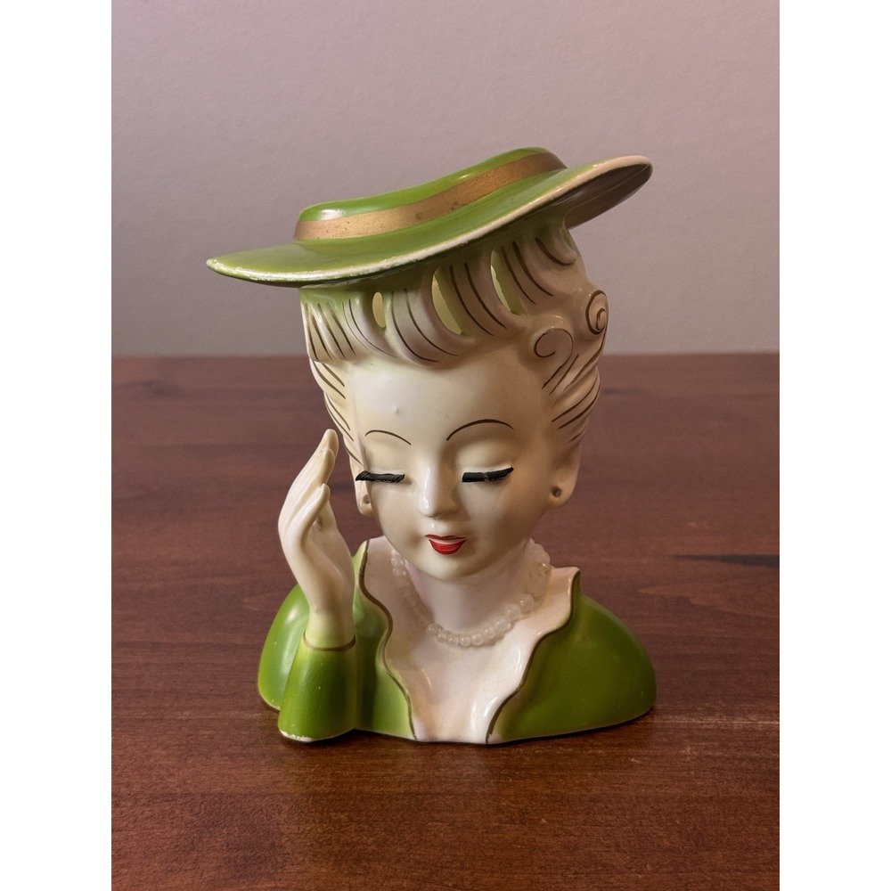 VTG Mid-Century 6" Tilso Ceramic Hand Up Green Lady Head Vase Retro Kitschy